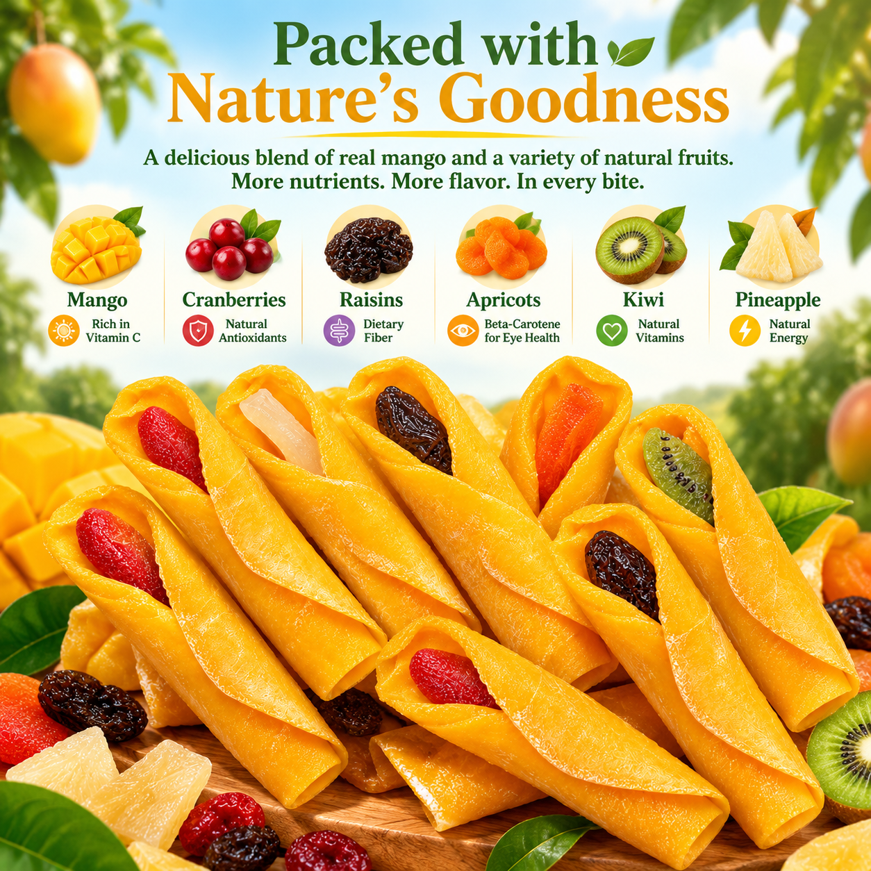 Mango rolls with assorted fruit ingredients