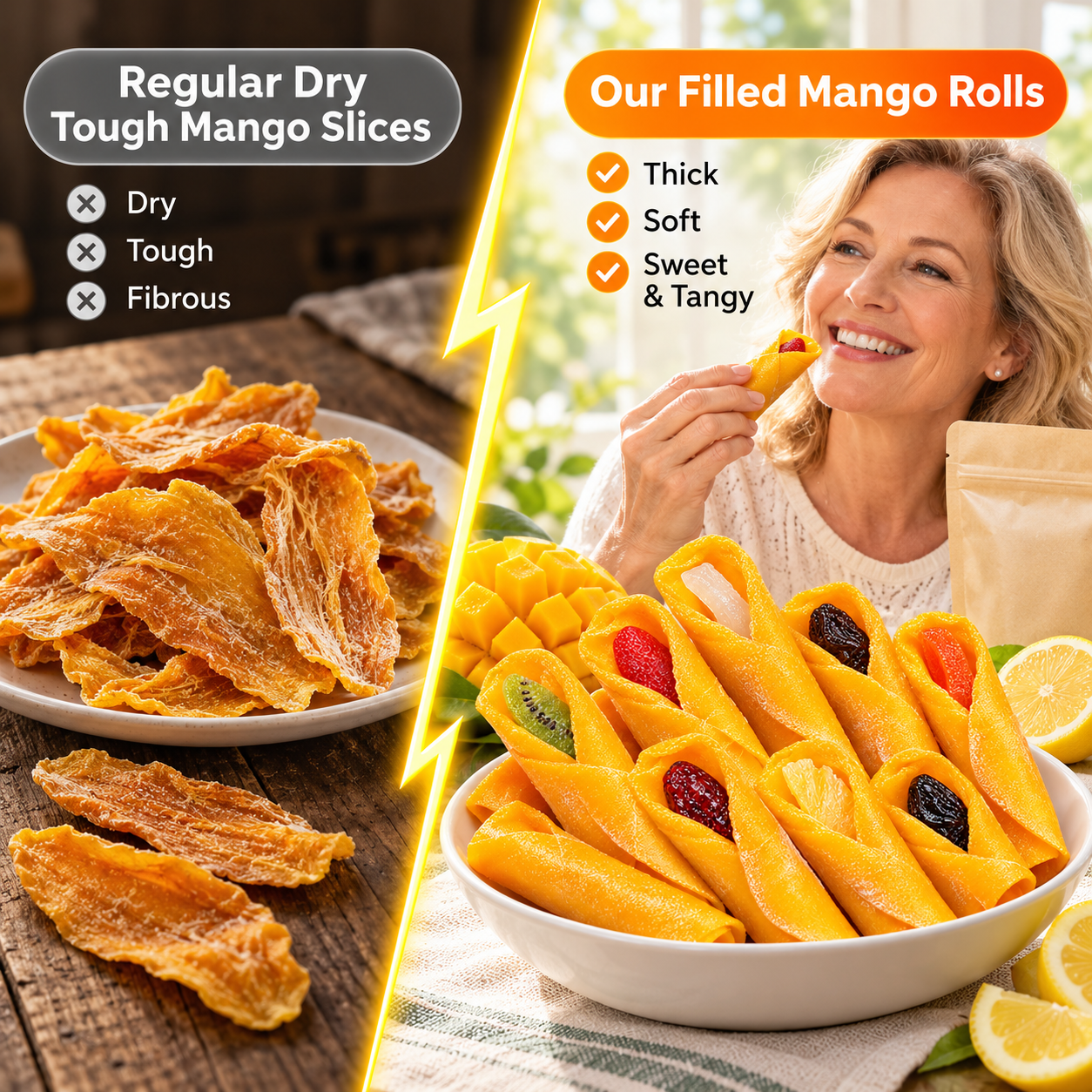 Golden mango rolls with assorted fruit fillings